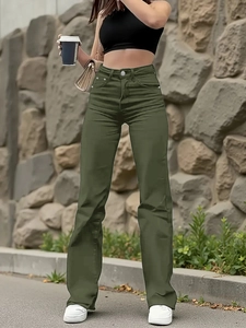 Detail of army green high-waisted straight jeans with classic five-pocket construction