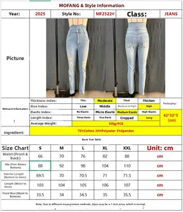 Detailed sizing chart and material composition for high waist ripped skinny denim jeans