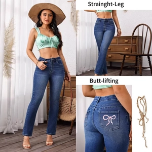 Women High Waist Butt Lifting Flared Jeans Pink Butterfly Embroidered Denim Pants Sweet Stretch Straight Leg Jeans