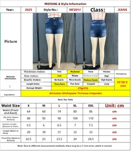 Size chart for women blue distressed denim shorts showing waist and hip measurements