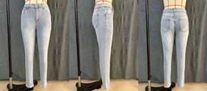 Vue triple du jean slim bleu clair montrant le devant, le côté et le dos du modèle