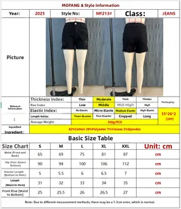 Size chart for slim fit black ripped denim shorts with measurements from S to XXL