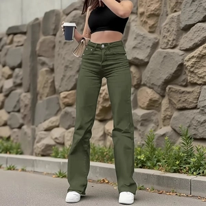 Women High Waist Straight Wide Leg Jeans Solid Color Cotton Blend Denim Pants Casual Washed Slim Fit Trouser For Women