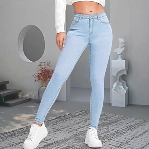 Jean Skinny Taille Haute Bleu Clair pour Femme Coupe Slim en Denim Délavé Pantalon Crayon Push-up Extensible Trousers à la Mode