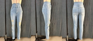 Three-way view of high-waisted distressed skinny jeans with a three-button wide waistband