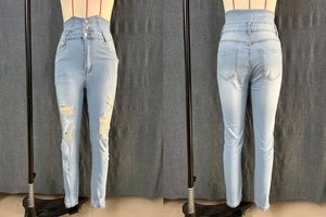 Front and back detail of high-waisted distressed skinny jeans with three-button waist