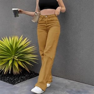 Women high waist mustard yellow straight leg jeans with comfortable stretch fabric