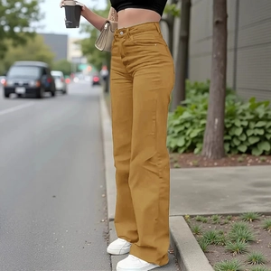 Women's mustard yellow high-waisted wide-leg denim jeans with vintage straight fit