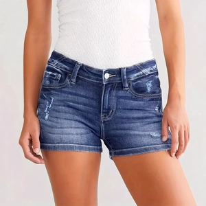 Women's Vintage Low Waist Distressed Denim Shorts Stretchy Ripped Jean Shorts With Raw Hem Casual Summer Slim Fit Hot Pants Blue