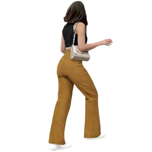 Women high waisted wide leg mustard yellow trousers with stylish urban casual fit