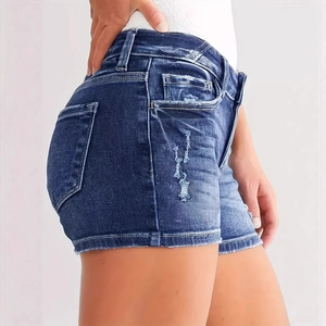 Deep blue distressed denim shorts with side rips and high-waist stretch fit for women