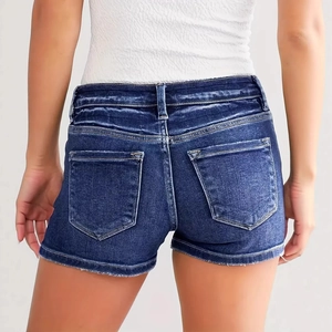 Slim fit blue ripped denim shorts for women with classic back pockets and frayed hem