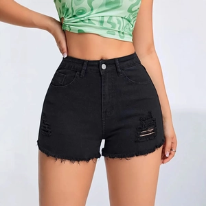 Women Sexy Ripped Denim Shorts Low Waist Slim Fit Frayed Raw Hem Distressed Black Jean Shorts Summer Streetwear Bottoms