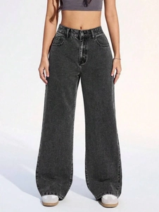 Jean Rétro Taille Haute Jambe Large pour Femme Pantalon en Denim Délavé Coupe Ample Droite Longueur Sol