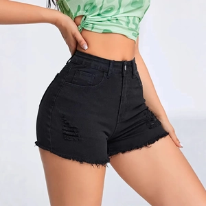 Slim fit black denim shorts with ripped details and frayed hem for women from side-back view