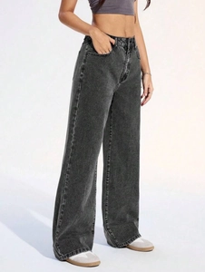 Jean large pour femme gris foncé à taille haute avec finition délavée vintage