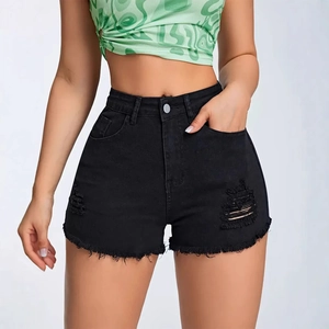 Women's black distressed denim shorts with high waist and raw frayed hem detail