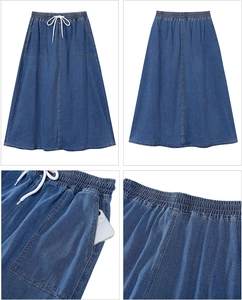 Détails d'une jupe midi en jean avec taille élastique à cordon et grandes poches