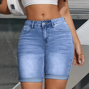 Short en Jean Moulant Femme Délavé Bleu Clair Extensible Bermuda Taille Basse Rebord Plié Décontracté