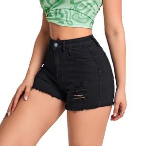 Women's black slim-fit denim shorts with distressed ripped holes and frayed hems