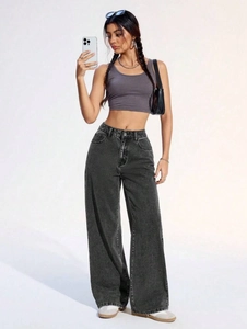 Jean femme taille haute à jambes larges en denim gris foncé avec texture délavée rétro