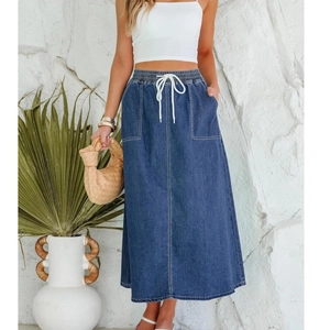 Jupe Midi en Jean Lavé Décontracté pour Femmes Avec Cordon de Serrage Taille Élastique Jupe Trapèze Avec Poches Couleur Unie