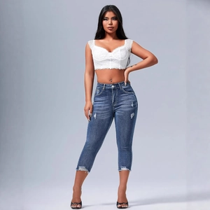 Women Sexy Ripped Capri Jeans Distressed Frayed Hem Skinny Denim Pants Stretch Slim Fit Crop Trousers Blue Retro Jeans