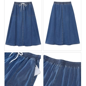Jupe midi en jean bleu foncé avec taille élastique à cordon et poches latérales