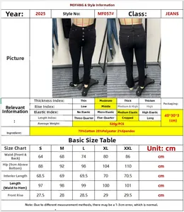 Detailed sizing chart and material specs for high waist skinny black denim jeans