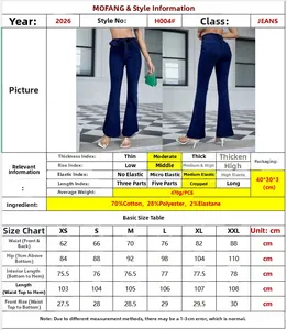 Size guide for high-waist stretch flare jeans showing measurements from XS to XXL