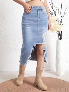Retro light blue high-waisted denim midi skirt with asymmetric distressed frayed hem