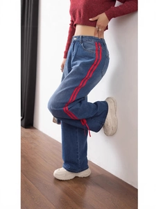 Women High Waist Wide Leg Denim Jeans Retro Blue Straight Pants With Red Side Stripes And Ribbon Bow Detail