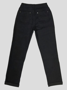 Detail of high waist black denim jeans featuring back pockets and cuffed hem styling