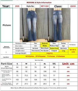 Detailed size chart and fabric specifications for dark blue flared stretch denim jeans