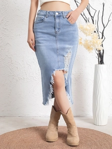 High-waist distressed light blue denim midi skirt with frayed hem and ripped details