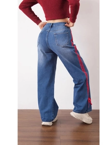 Retro blue wide-leg jeans with red side stripes and drawstring cuffs from a back view