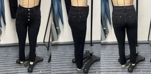 Detailed views of high waist black skinny jeans with four-button fly and stretchy fit