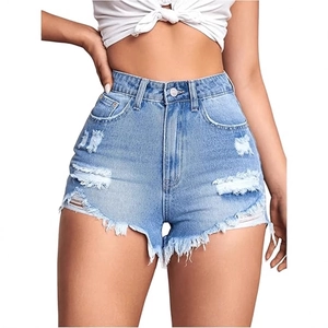 Classic distressed light blue denim shorts with high-waist fit and ripped hem details