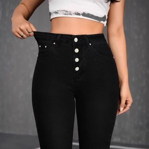 Women High Waisted Skinny Jeans Elastic Multi Button Slim Fit Washed Denim Pants Black Stretchy Pencil Trousers Streetwear