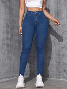 Jeans Skinny pour Femmes Bleu Foncé Coupe Ajustée Taille Basse Denim de Coton Délavé Pantalons Crayon pour Mode Décontractée