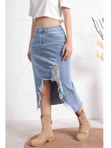 Women American Retro High Waist Distressed Denim Skirt Asymmetric Ripped Irregular Hem Washed Blue Cotton Blend Midi Skirt
