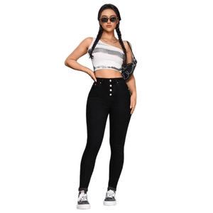 Women high waist black skinny jeans with button fly and elastic denim slimming effect