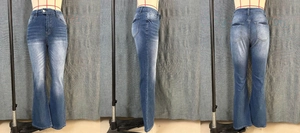 Front, side, and back view of dark blue stretch flared jeans with washed finish