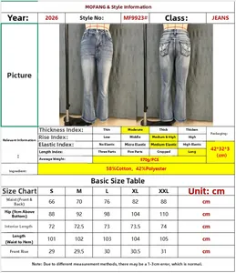 Size chart for cross wing embroidered flared jeans detailing measurements from S to XXL