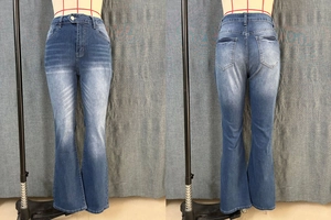 Detailed front and back view of high-waist flare jeans with washed indigo finish