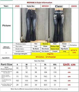 Size guide for mid-rise flared jeans with cross embroidery and medium stretch material