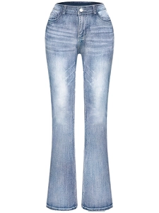 Light blue high waist flare jeans with cross wing embroidery on back pockets for women