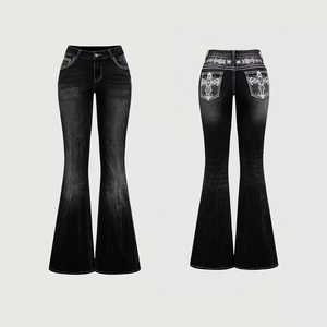 Detailed views of black flare jeans with white contrast stitching and cross embroidery