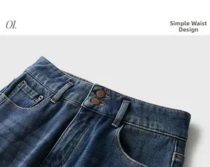 Detail of high waist denim jeans featuring double button closure and sleek waistline