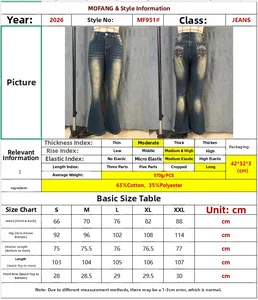 Size guide table for women's stretch flare jeans with detailed measurements in centimeters